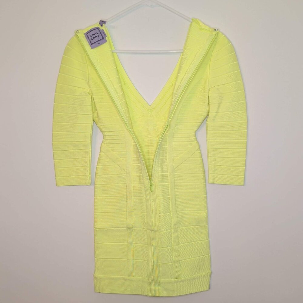 Herve Leger Neon Yellow/Green 'Nathalia' V-Neck 3/4 Sleeve Bandage Mini Dress - Picture 10 of 12
